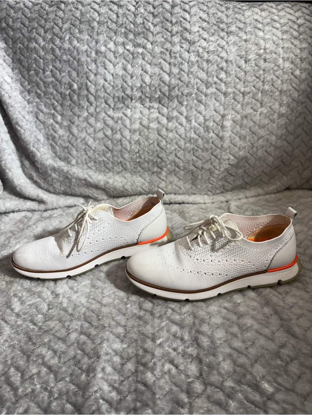 Cole Haan Zero Grand White Knit Lace-Up Sneakers with Orange Heel Detail